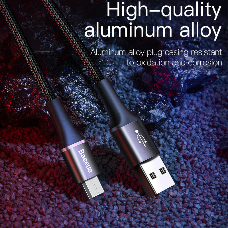 Baseus-LED 조명 마이크로 USB 3A 고속 충전 케이블, 삼성 샤오미 안드로이드 휴대 전화 와이어 코드