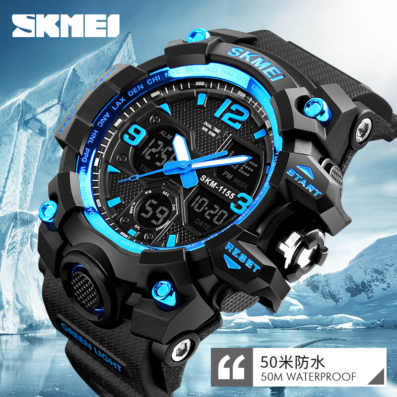 Skmei 패션 데님 스타일 스포츠 시계 남자 야외 아날로그 디지털 led 전자 석영 손목 시계 방수 시계 1155b