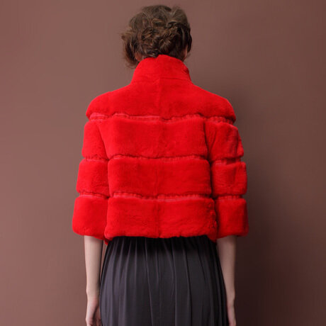 Spring Autumn Women's Genuine Natural Rex Rabbit Fur Jacket 3/4 Sleeve Lady Short Coat Outerwear VF0384