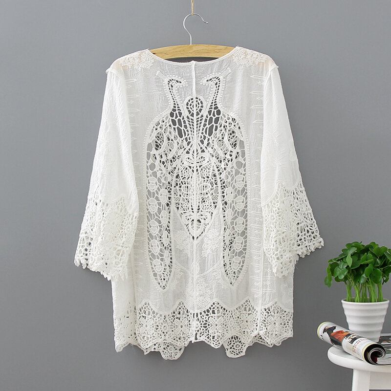속이 빈 흰색 레이스 블라우스 기모노 여름 2019 면 느슨한 여성 셔츠 패션 반 소매 기모노 카디건 블라우스 여성 1806