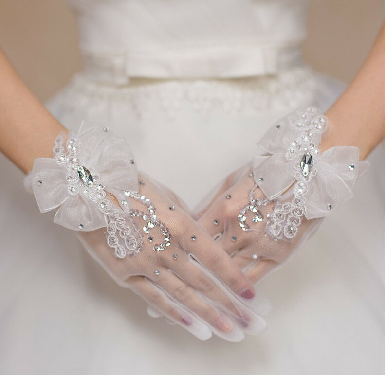 Moda wysokiej jakości elastyczne dziewczyny panna młoda łuk kwiat rękawiczki damskie krótkie białe rękawiczki dla dziewczynek rękawice HC6