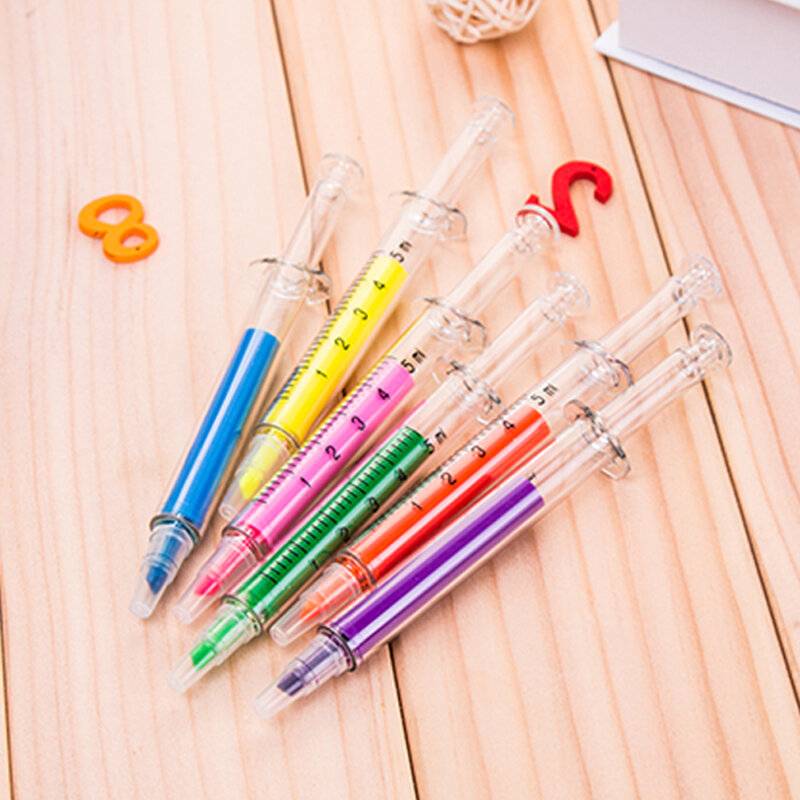 1PC Six Color Liquid Novelty Syringe Ballpoint Pen Stationery Cute Syringe highlighter Office Supplies Child Gift