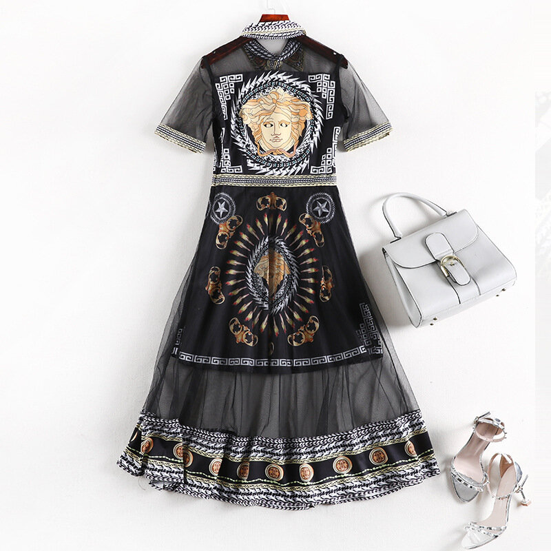 여자의 거꾸로 칼라 짧은 소매 슬림 패션 인쇄 메쉬 패치 워크 패션 섹시한 싱글 브레스트 라인 미디 드레스 5xl