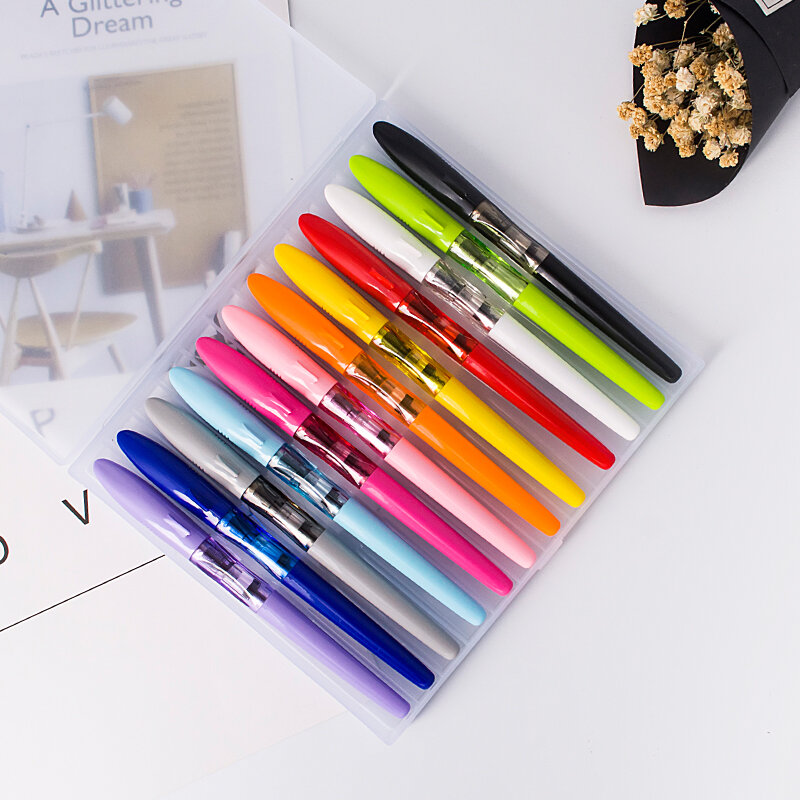 12 PCS Jinhao Colorful Fountain Pen Transparent Diversity Color Pen Case Set Cute Shark Cap EF/F/Bent with Refillable Converters
