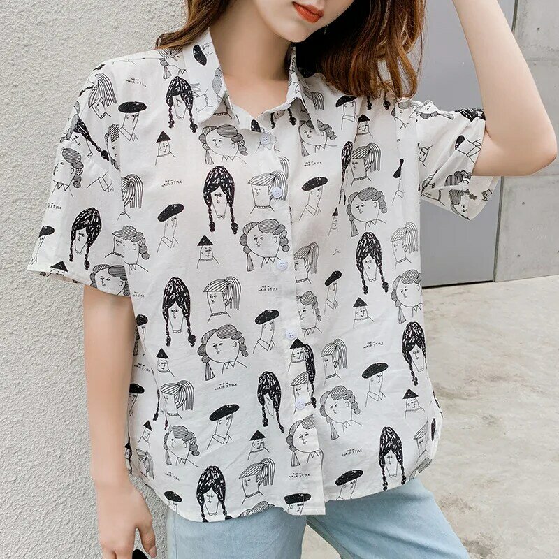 Рубашка для девочек с коротким рукавом и принтом, одежда, Женская Студенческая летняя новая свободная повседневная блузка с отложным воротником, женский модный топ H9007