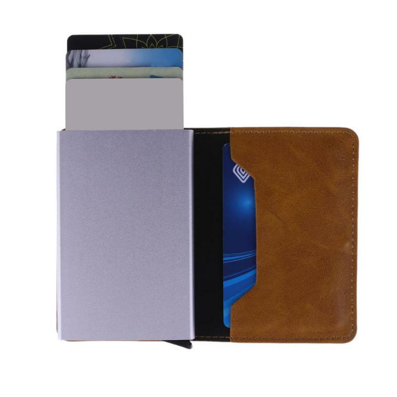 Tarjetero de Metal para hombre de aleación de aluminio con tarjeta de crédito RFID Cartera de cuero PU cartera antirobo para hombre billeteras caja automática de tarjetas Pop Up