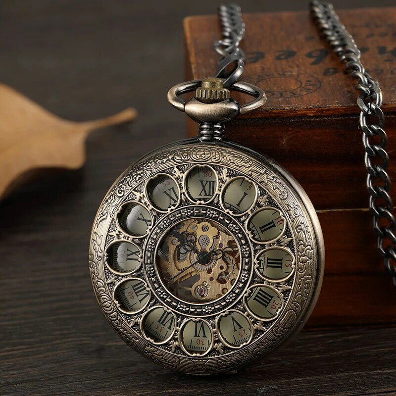 Jam tangan saku mekanis Vintage berongga perunggu jam tangan Fob Steampunk ukir kerangka Pria Wanita dengan kalung rantai hadiah Pria Wanita