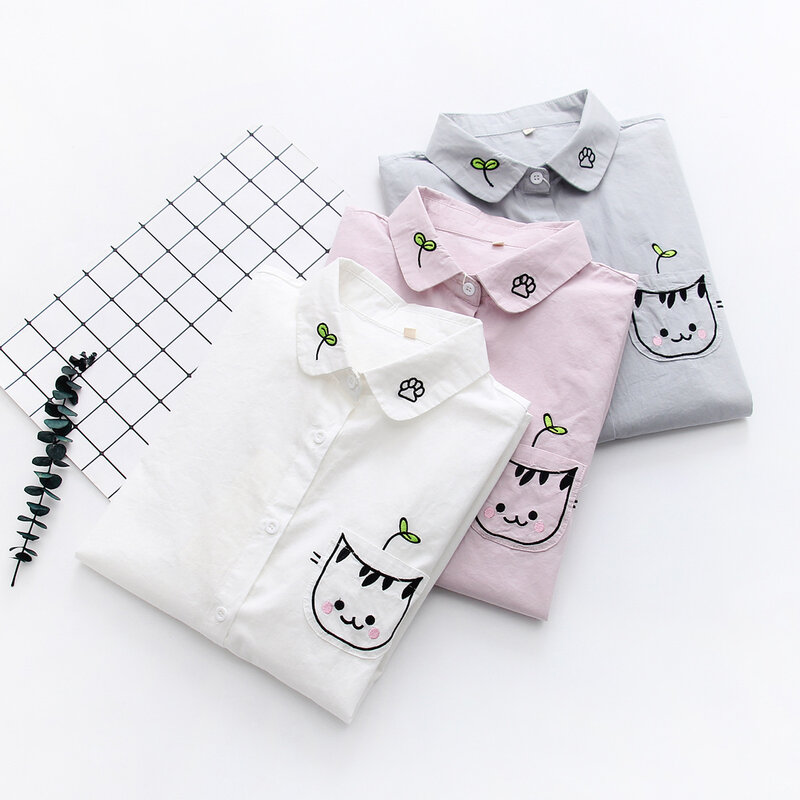 Women White Blouse Shirt Female Cotton New Summer Sweet Cartoon Cat Embroidery Shirts Women Tops Ladies Clothing 2019