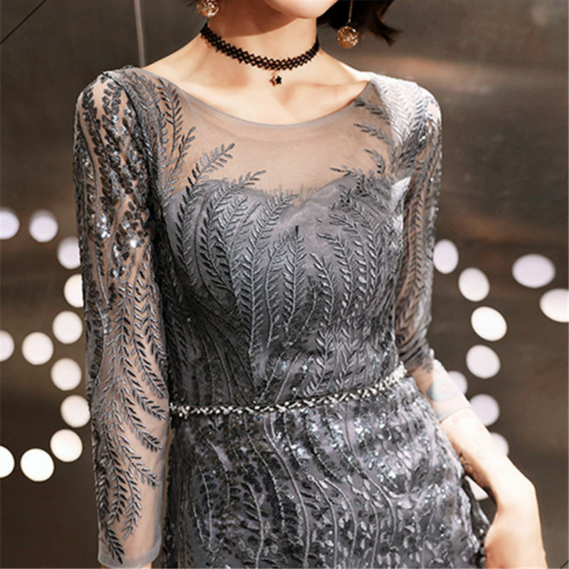 It's Yiiya Prom Dresses 2019 Gray O-neck Tassel Hems Sequins Fashion Straight Party Gowns Elegant Zipper Formal Dress LX1375