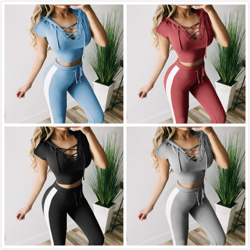 Sexy Women Short Sleeve Lace Up Hollow Out Hoodies Crop Top Long Pants Two Piece Set Casual Sport Tracksuit Overall Outfits