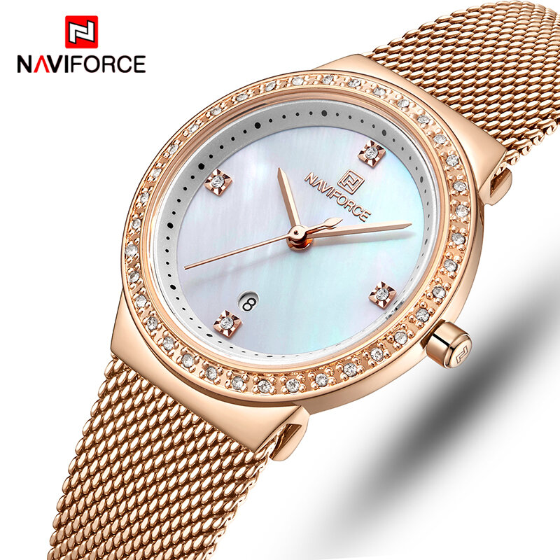 NAVIFORCE-여성 패션 캐주얼 쿼츠 시계, 여성 방수 손목 시계, 스테인레스 스틸, 소녀 시계, 여성 시계