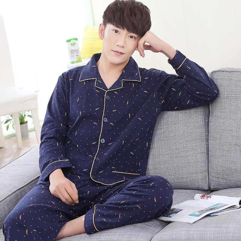 Alta qualidade de manga comprida masculino pijamas algodão engrossar azul escuro pijama homme homem pijamas grandes jardas xxxl casual fato de treino