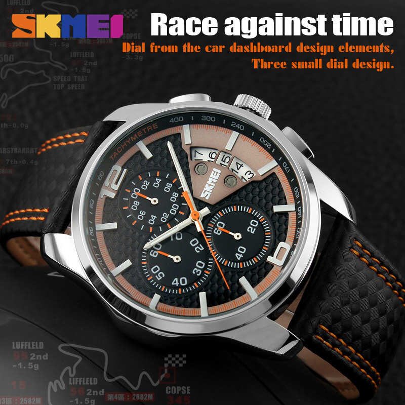 SKMEI-남성용 패션 스포츠 시계, 최고 브랜드 럭셔리 가죽 스트랩, 5Bar 방수 쿼츠 손목 시계, 9106
