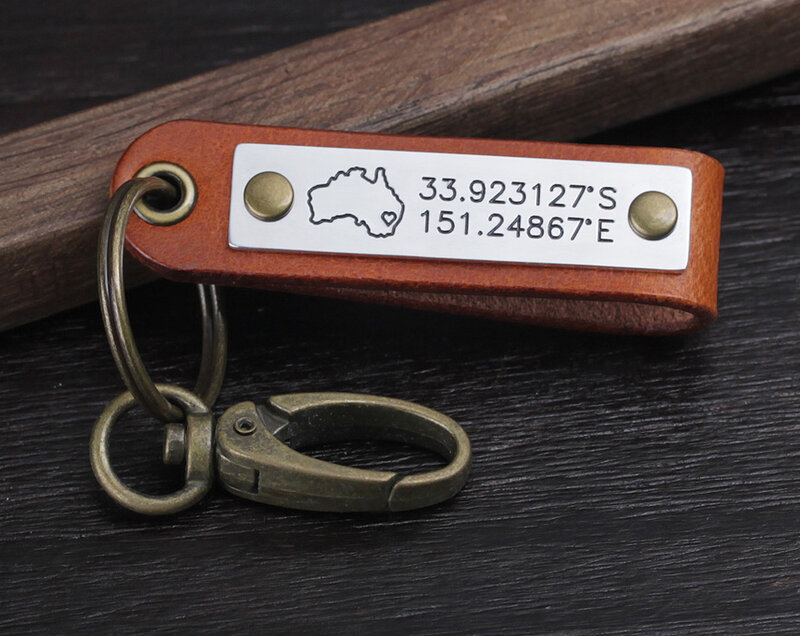 GPS Coordinates Leather keychain - Choose State, Country & Coordinates - Latitude Longitude Keychain - Australia Keychain