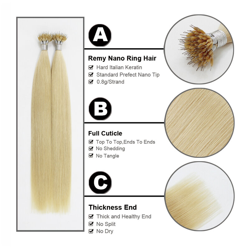 FOREVER HAAR Rechte 100% Remy Human Nano Ring Hair Extensions 0.8 g/s 16 "18" 20 "Platinum Blonde europese Micro Kralen 50 PCS