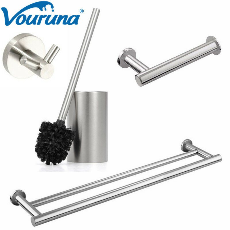VOURUNA Wholesale New Nickel Brushed Stainless Steel Robe Hook Towel Bar Rail Toilet Brush Holder Bathroom Accessory Sets