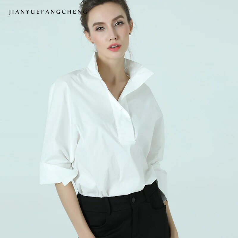 Женская хлопковая блузка, белая рубашка-поло с воротником-стойкой, рукавом девять четвертей, размера плюс, элегантная офисная деловая рубашка