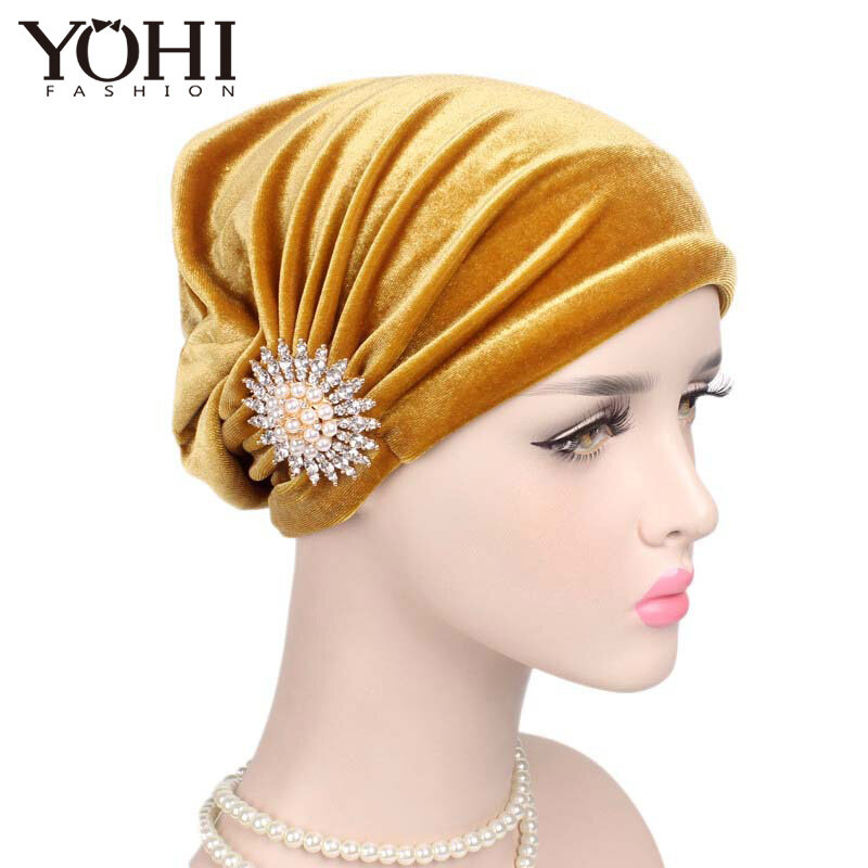 2018 ใหม่ elegant ผู้หญิง velvet Turban หัวห่อยาวพิเศษ Turban Headwrap Tie ไข่มุกไข่มุกเข็มกลัดสำหรับผู้หญิง