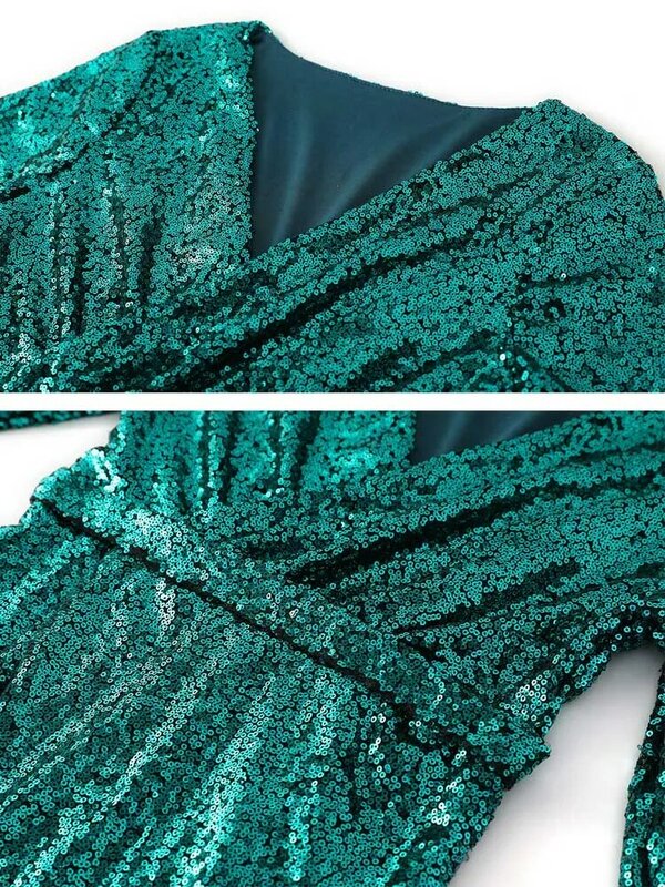 여자 반짝이 장식 파티 드레스 섹시한 v-목 높은 슬릿 긴 소매 bodycon 드레스 vestidos 미디 드레스 플러스 크기 S-3XL