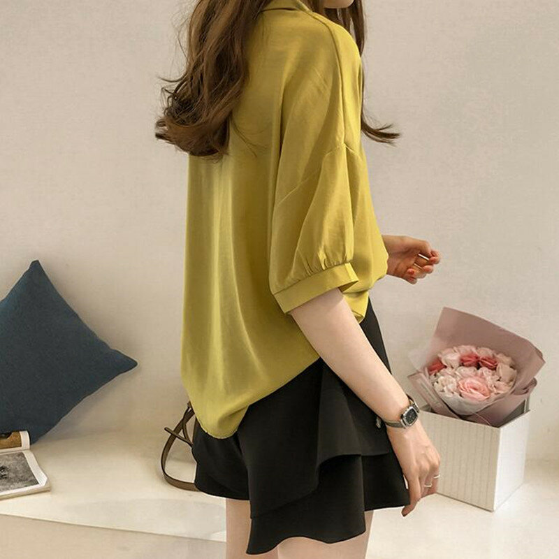 Camisa holgada de manga corta para mujer, blusa informal de Color liso con cuello vuelto, talla grande, H9123