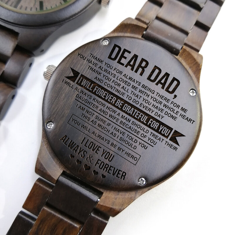 Reloj de madera grabado como DAD'S BIRTHDAY LIFT, reloj de lujo para hombre.