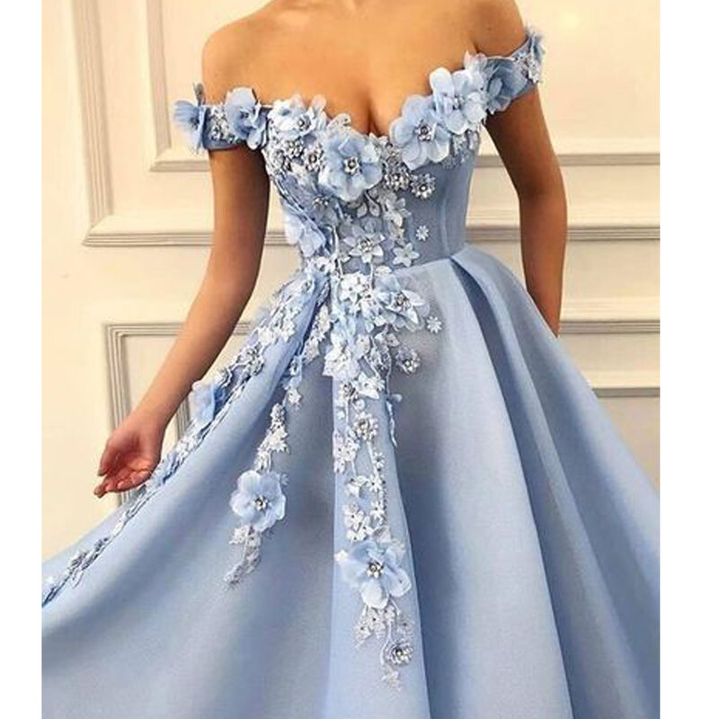 Vestidos de noite azuis 2019, decote em v, apliques rendados à mão, flores, de tule, comprimento do chão, vestidos de festa
