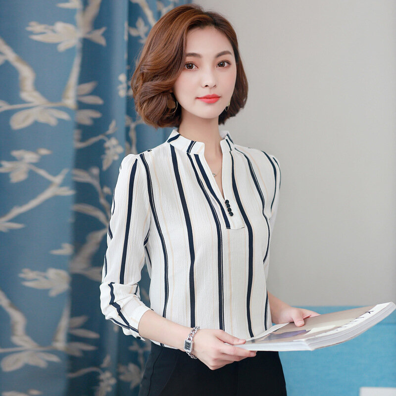 Spring Autumn Chiffon Shirt Women V-collar Striped Casual Blouse Office Ladies Temperament Thin Fashion Plus Size Work Top H9138