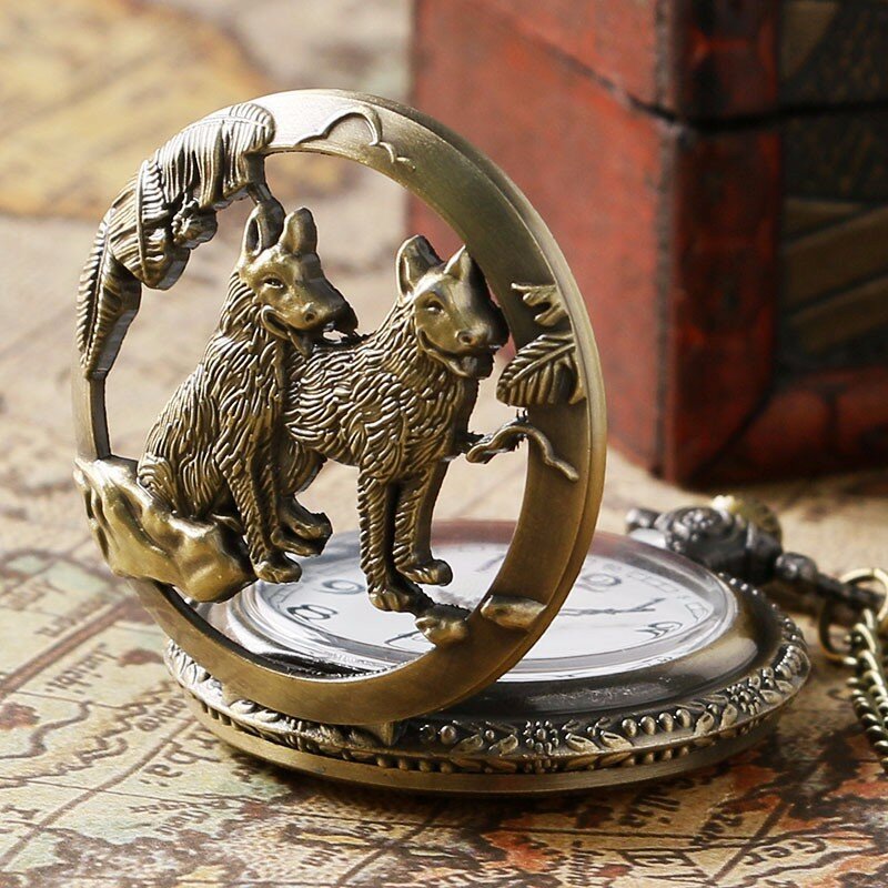 Classic Vintage Bronze Dog Wolf Hollow Quartz Fob Pocket Watch with Necklace Chain Cool Pendant Clock Gift for Women Men