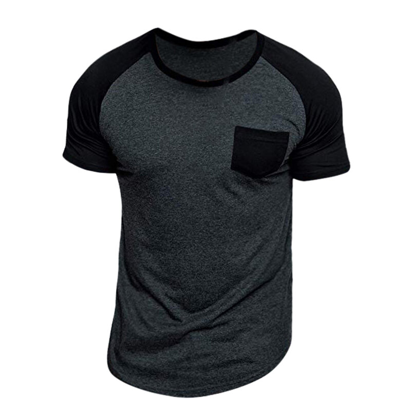 Camiseta masculina, primavera verão, slim, raglan, bolso de patchwork, manga curta, estampa de algodão, casual, esportiva, roupas masculinas 2019