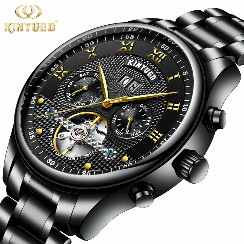 Kinyued Real Hot Mechanical Watches Men Black Automatic Tourbillon Waterproof Hand Watch Luxury Steel Skeleton Wristwatches