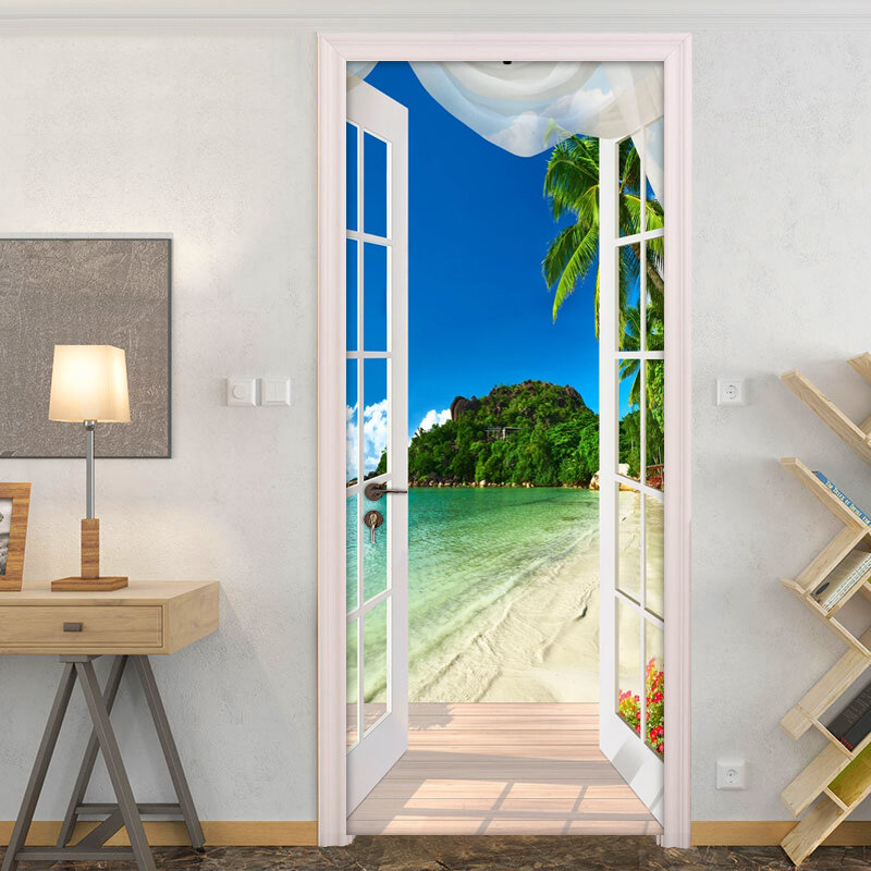 3D ステッカー窓ビーチ海辺写真壁画壁紙 PVC 自己粘着ドアステッカーリビングルームの寝室の壁論文の家の装飾