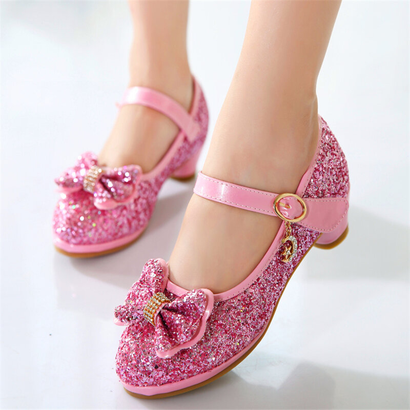 Children's Sequins Shoes Enfants 2018 Baby Girls Wedding Princess Kids High Heels Dress Party Shoes For Girl Pink Blue Silver