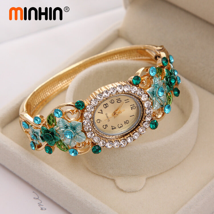Бренд minhin, роскошный браслет, часы, дамский браслет с цветами из кристаллов, женские, прекрасный подарок, платье, кварцевые часы, позолоченны...