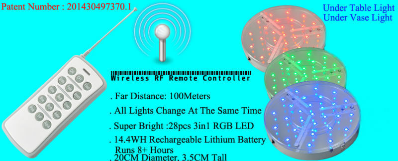 60pcs/Lot Rechargeable 100M RF Remote Controlled Multicolors RGB LED Under Table Light For Wedding Party Event Table Lighting
