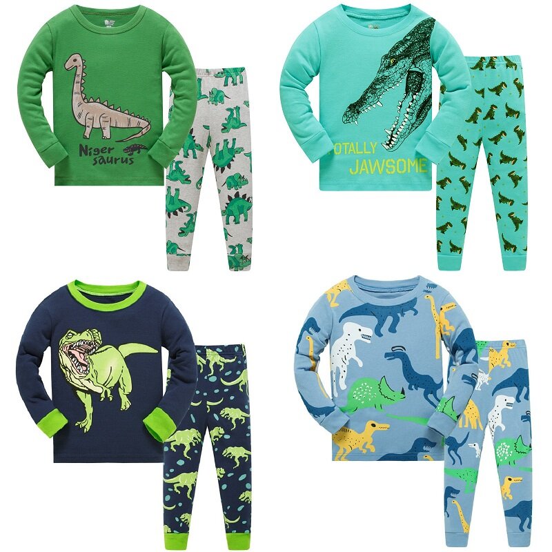 Crianças manga longa pijamas conjuntos novos 2021 primavera outono menino pinguins meninos dinossauros pijamas animal 3 4 5 6 7 8 anos roupas pjs