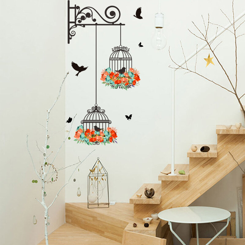 Pegatina de pared de pájaros voladores de jaula de pájaros de flores coloridas, calcomanías creativas para sala de estar, papel tapiz para dormitorio, decoración de ventana de guardería