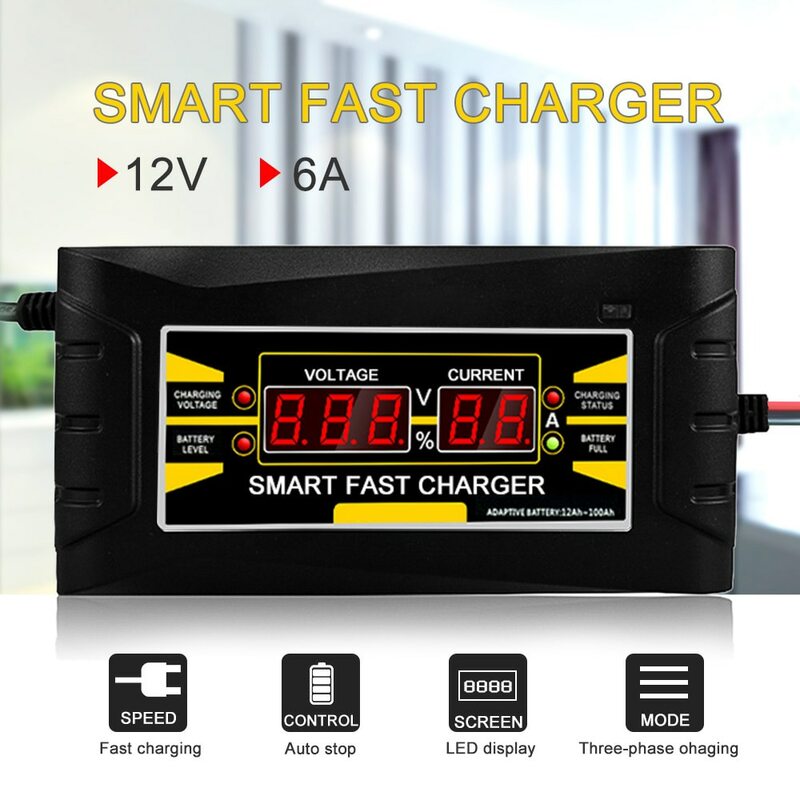 Full Automatic Car Battery Charger Charging 150V/250V To 12V 6A Smart Fast Power Charging + Acid Digital LCD Display EU US Plug