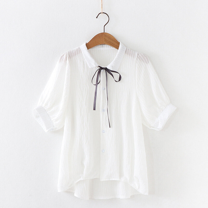 Camisa de manga corta para mujer, blusa de rayas con lazo suelto coreano, estilo Preppy, H9156