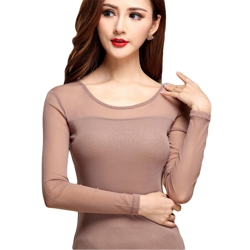 Tops Womens Mesh Blouse Shirts Spring Autumn Slim Elegant Lace Khaki Blusas Tops and Blouses Blusas For Women Plus Size