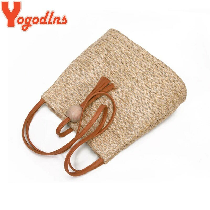 Yogodlns Women Straw Bag Bohemian Rattan Beach Handbag Handmade Kintted Crossbody Bucket Bags Summer Tassel Beach Bag