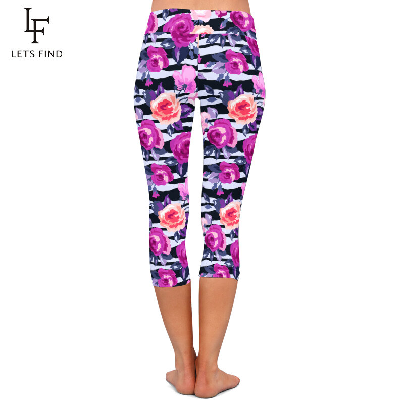 LETSFIND ฤดูร้อนผู้หญิง3D ดอกไม้สีสันพิมพ์กลางกางเกงขายาวสูงเอวแฟชั่นผู้หญิงฟิตเนส Capri Leggings