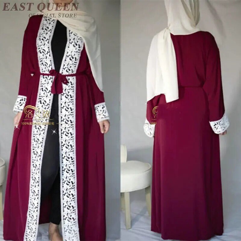 Vestido abaya feminino da moda vestido muçulmano de renda manga longa vestido feminino elegante da turquia vestido islâmico com cinto dd285 f