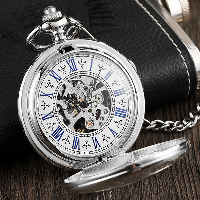 Antigo relógio de bolso de aço inoxidável de prata completa relógio mecânico homem steampunk vintage mão-vento gravado fob pingente relógio feminino