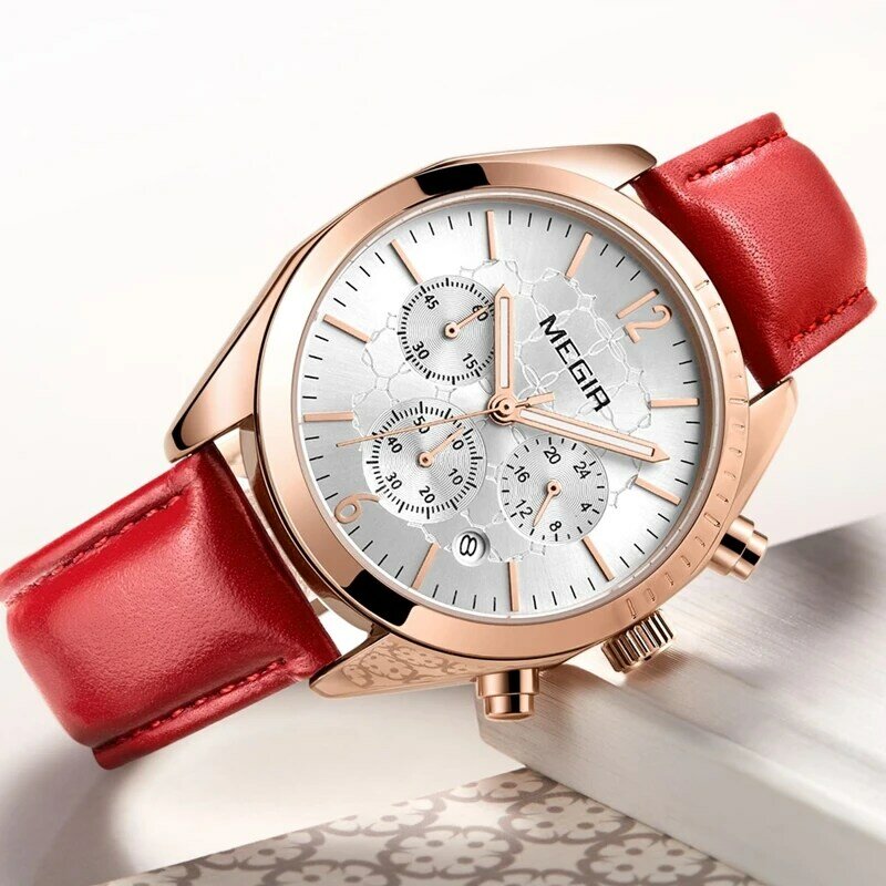Megir luxo data automática relógio de quartzo senhoras relógio de couro moda relógio feminino reloj mujer feminino relógios banda chronograph