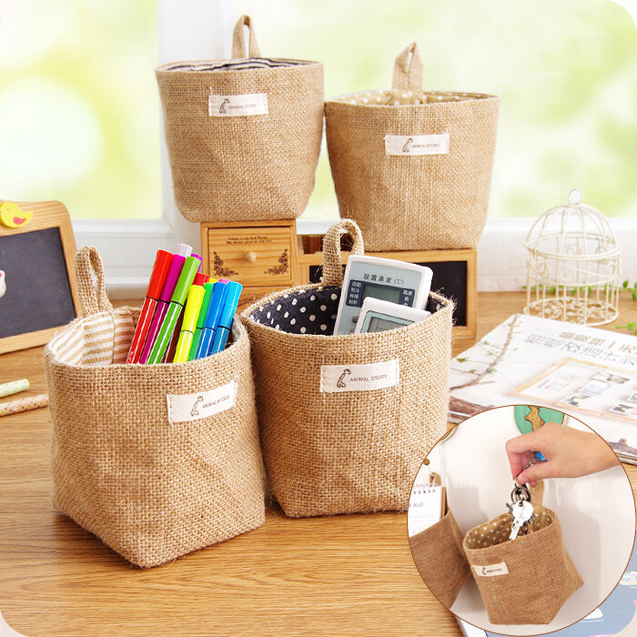 2019 Wholesale Zakka style storage box jute with cotton lining sundries basket mini desktop storage bag hanging bags 6 colors