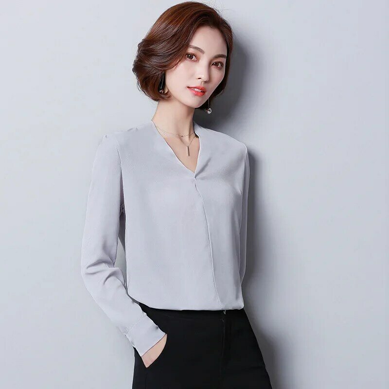 새로운 봄 여름 쉬폰 셔츠, 느슨한 한국 v넥 긴 소매 블라우스, 여성 대형 퓨어 컬러 레저 탑 의류 H9049