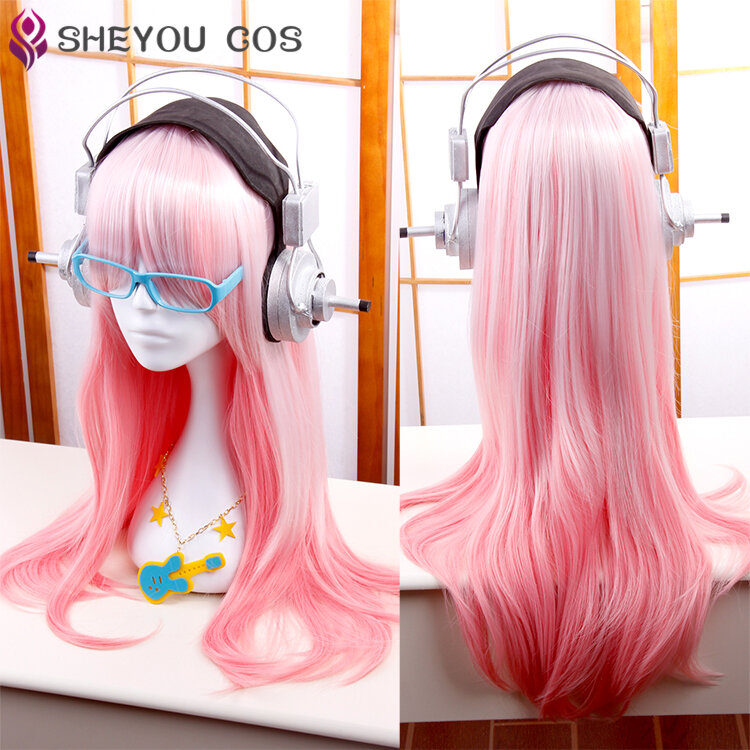 Supersonico Super Sonico 60cm Long Pink Ombre Hair With Headphone Prop Heat Resistant Cosplay Costume Wig + Toy headset