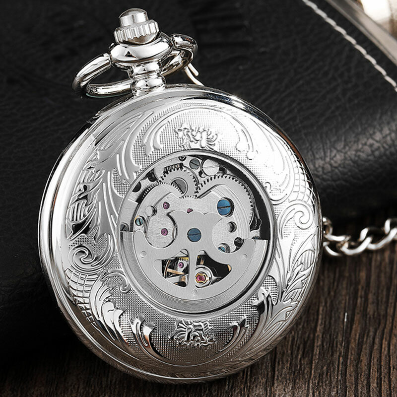العتيقة كامل الفضة الفولاذ المقاوم للصدأ ساعة جيب الرجال الميكانيكية Steampunk Vintage اليد الرياح محفورة فوب قلادة ساعة النساء