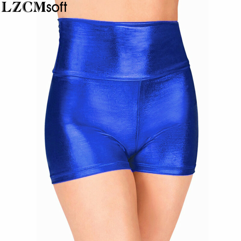 LZCMsoft фуксия шорты с высокой талией для взрослых, сексуальные, мокрое, обтягивающие, для выступлений, металлические трусы