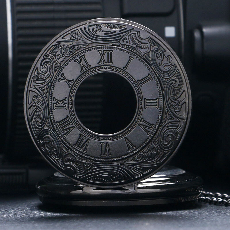 أسود Pocketwatch خمر CharmUnisex الموضة الرومانية عدد الكوارتز Steampunk ساعة جيب المرأة رجل قلادة قلادة مع سلسلة
